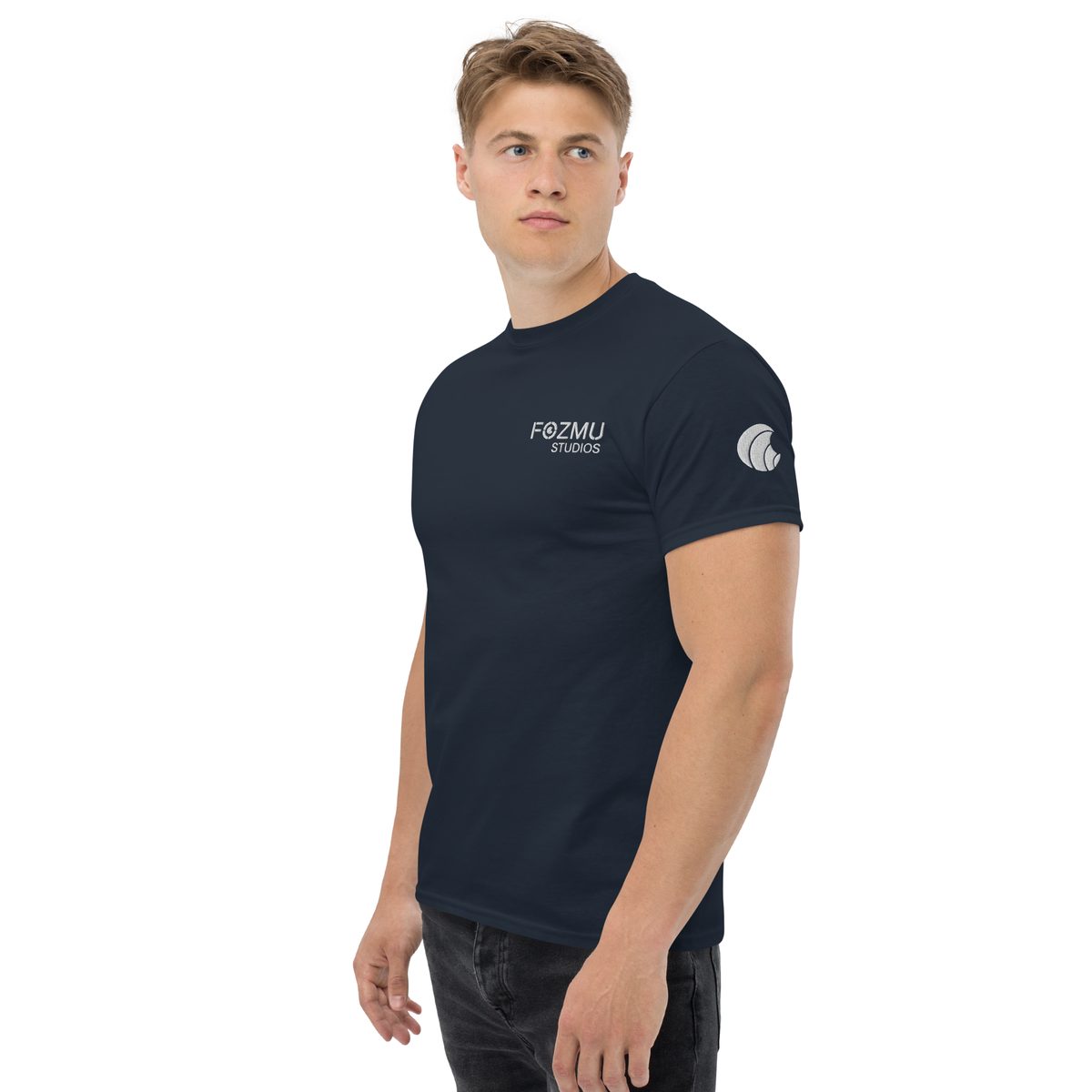 Unisex Classic Tee in Navy, worn